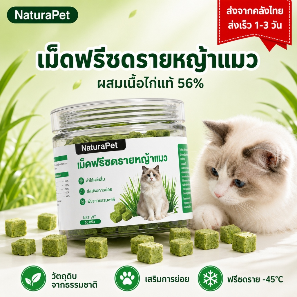 NaturaPet ขนมหญ้าแมวฟรีซดราย อกไก่ผสมต้นอ่อนข้าวสาลี [50 กรัม/กระปุก] ช่วยขับขน พร้อมส่ง เปิดฝากินเลย