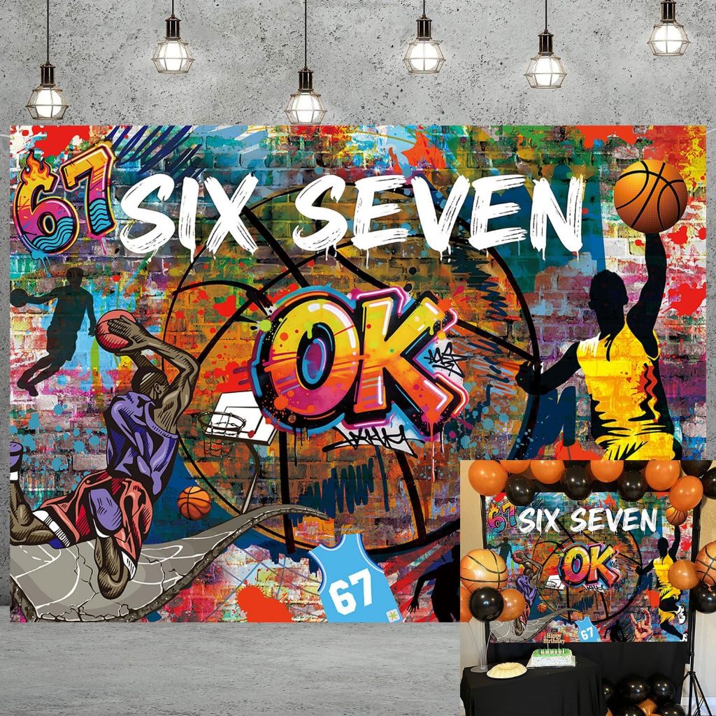 5x3ft SIX Seven OK แบนเนอร์ปาร์ตี้ฉากหลังบาสเกตบอลวันเกิดพื้นหลัง Street Art Graffiti ตลก 6 7 Party 