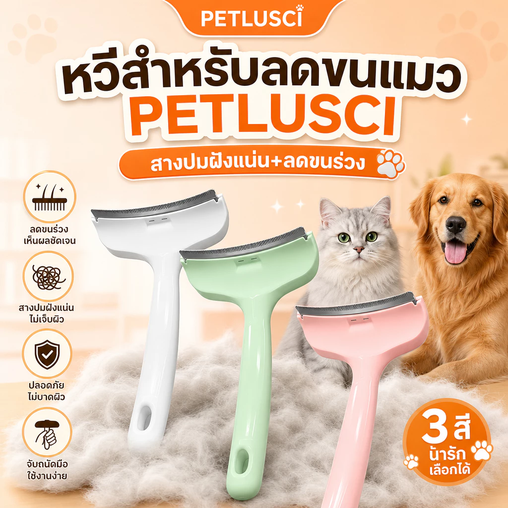 PETLUSCI หวีกำจัดขน หวีแปรงขนสัตว์เลี้ยง หวีแมวและสุนัข แปรง สางปมฝังแน่น ลดขนร่วง แปรงกำจัดขนร่วง ขจัดขนชั้นในได้หมด