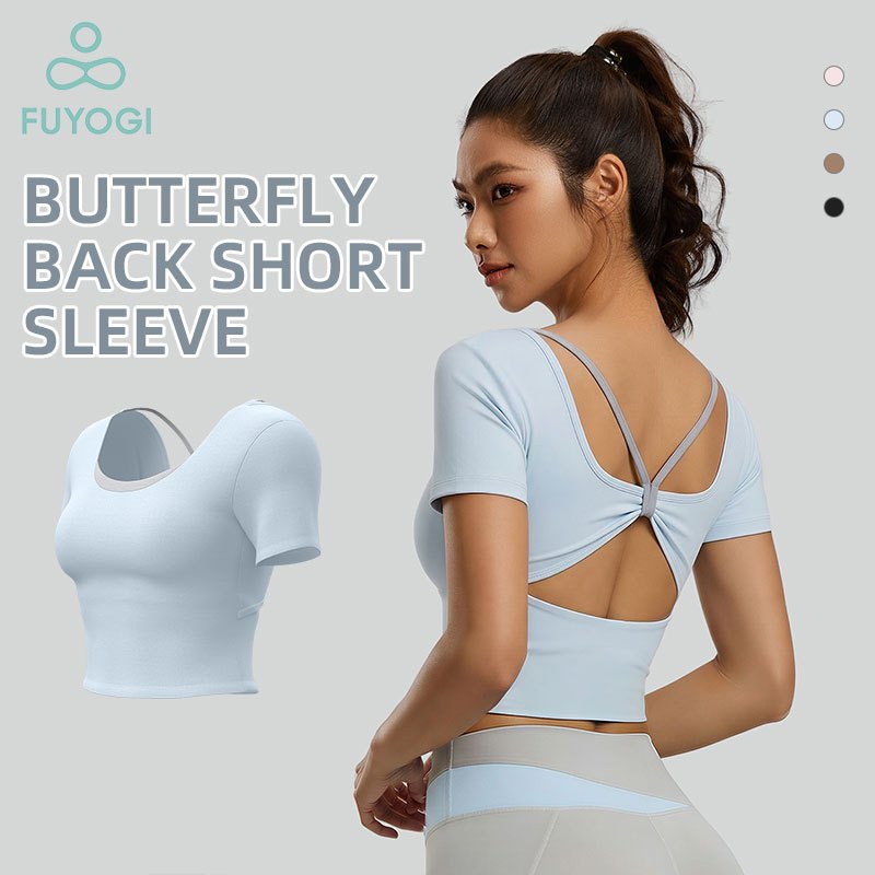 FUYOGI กีฬาแขนสั้น Quick-Drying Breathable ความยืดหยุ่นสูงฟิตเนสแห้งเร็วออกกําลังกายกลางแจ้ง