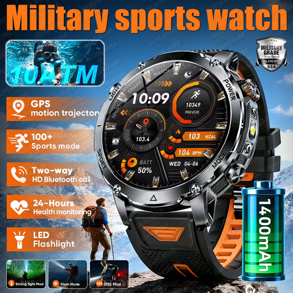 2026New 1.7 นิ้ว TANK SmartWatch ทหารเกรด Durability 1400 mAh แบตเตอรี่ HD Call 10ATM ไฟฉายกันน้ํากีฬานาฬิกาผู้ชาย