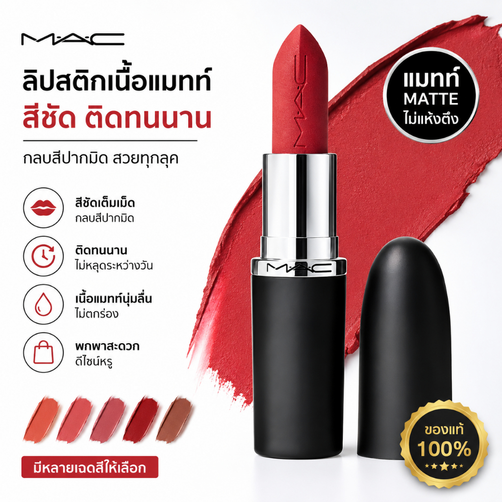 MAC MACXIMAL MATTE LIPSTICK / Mac Lipstick - ลิปสติกเนื้อแมทติดทนนาน 12 ชั่วโมง ริมฝีปากให้ความชุ่มชื้นยาวนาน