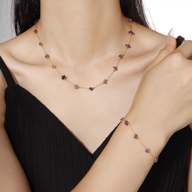 Luna Petite สแตนเลสไม่สม่ําเสมอสีม่วงหินบดสร้อยคอสร้อยข้อมือกันน้ําเหงื่อ Non-Fading แฟชั่น Casual Retro ธรรมชาติเหมาะสําหรับ