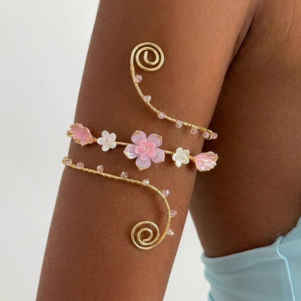 แฟชั่น Bohemian ดอกไม้ดอกไม้ผีเสื้อคริสตัล Pearl สร้อยข้อมือกําไลข้อมือสายรัดข้อมือโลหะ Armband Lucky เครื่องประดับสําหรับผู้หญิงวันหยุดของขวัญ