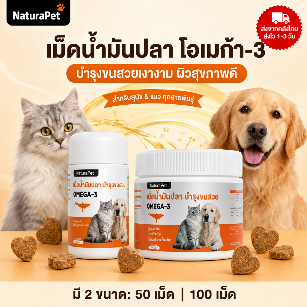 เม็ดเคี้ยวน้ำมันปลาแซลมอนและโอเมก้า 3 สำหรับสุนัขและแมว NaturaPet ช่วยดูแลผิวหนังและเส้นขน ดูแลปัญหาขนร่วง เพิ่มความน่ากิน กินง่าย มีให้เลือก 50 100 เม็ด
