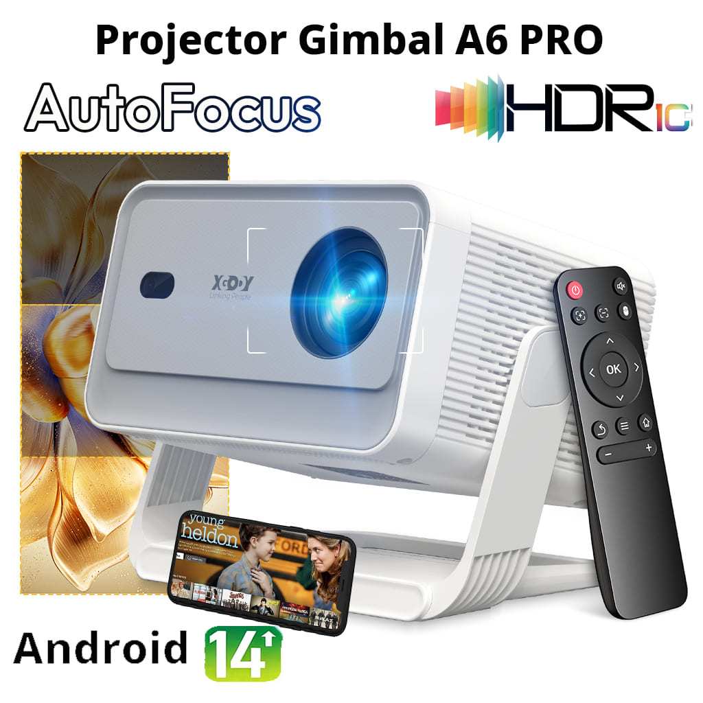 XGODY โปรเจคเตอร์มินิ A6 PRO 1080P HD โปรเจคเตอร์พกพาสำหรับใช้ในบ้าน พร้อม YouTube ในตัว, โปรเจคเตอร์ 4K จำเป็นสำหรับคาราโอเกะ ระบบ Android 14.0