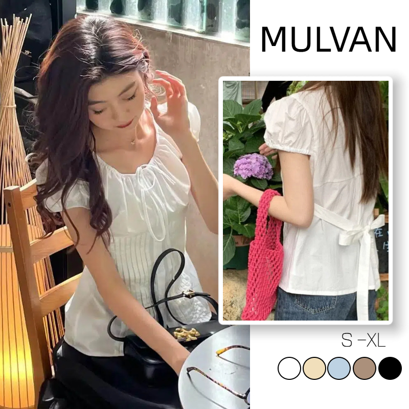 เสื้อเชิ้ตแขนสั้นแขนพองสำหรับผู้หญิง ดีไซน์สายรัด ช่วยรัดรูป สไตล์เรียบง่าย แฟชั่น  สงกรานต์