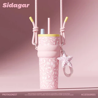 Sidagar แก้วเก็บความเย็น 710มล เคลือบเซรามิก พร้อมหลอดดูด แก้วน้ํา พร้อมสายสะพาย ลายเสือดาว แก้วเก็บอุณหภูมิ