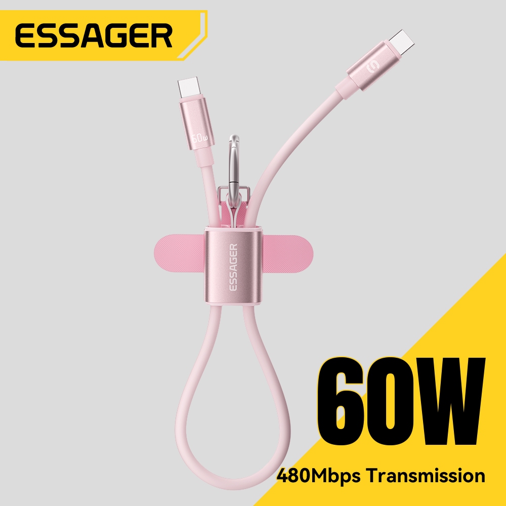 ESSAGER 2-in-1 Lanyard Data Cable 0.3 M Type-C ถึง C 60W 3A Fast Charging USB2.0 ความเร็วสูง