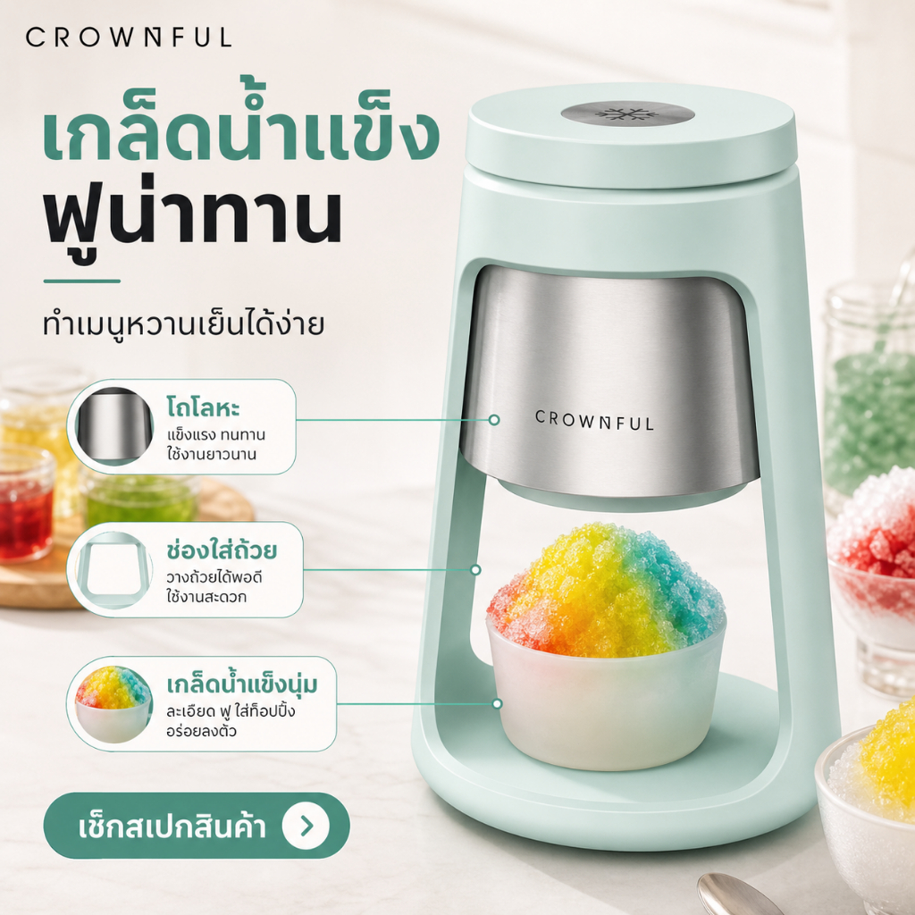 [COD] CROWNFUL เครื่องทำน้ำแข็งไส เครื่องทำน้ำแข็งใส Ice Shaver เครื่องบดน้ำแข็งเกล็ดหิมะ ทำบิงซู น้ำแข็งละเอียด ไสเร็ว แถมถ้วย 2 ใบ ถอดล้างง่าย