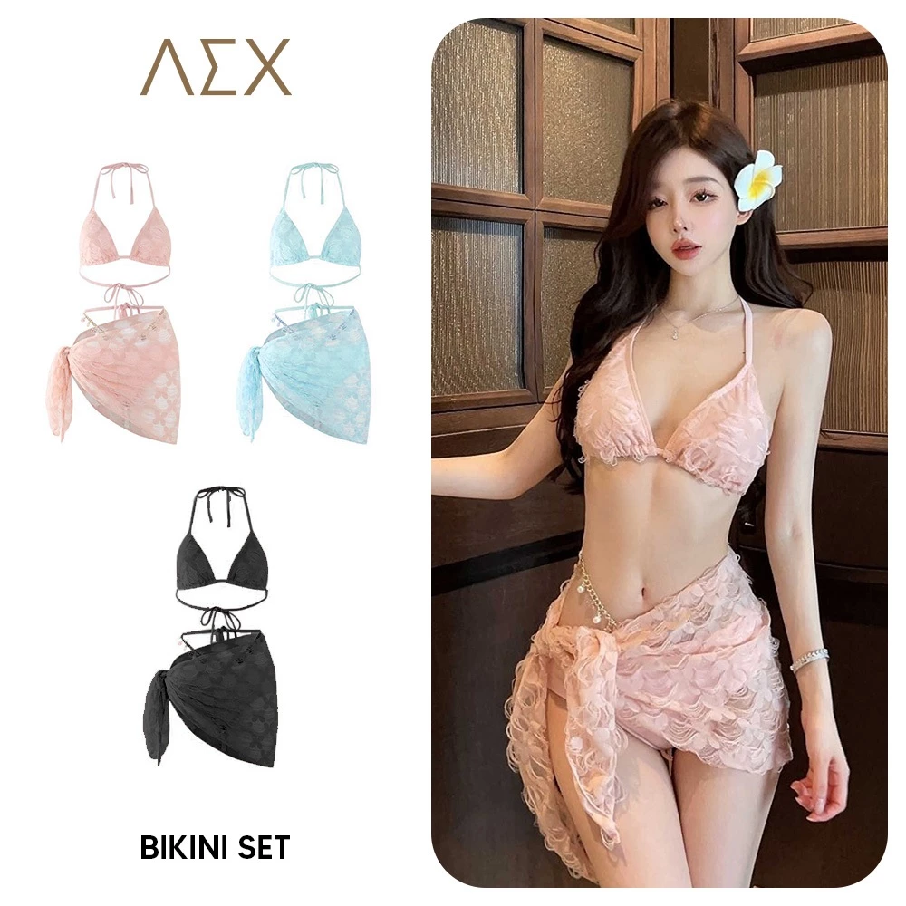 AEX ผู้หญิง 3 ชิ้นชุดบิกินี่เซ็กซี่ดอกไม้ชุดว่ายน้ําบิกินี่สามเหลี่ยมพร้อมผ้าซิ่นปิดชุดว่ายน้ําชายหาดสไตล์เกาหลี