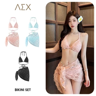 AEX ผู้หญิง 3 ชิ้นชุดบิกินี่เซ็กซี่ดอกไม้ชุดว่ายน้ําบิกินี่สามเหลี่ยมพร้อมผ้าซิ่นปิดชุดว่ายน้ําชายหาดสไตล์เกาหลี