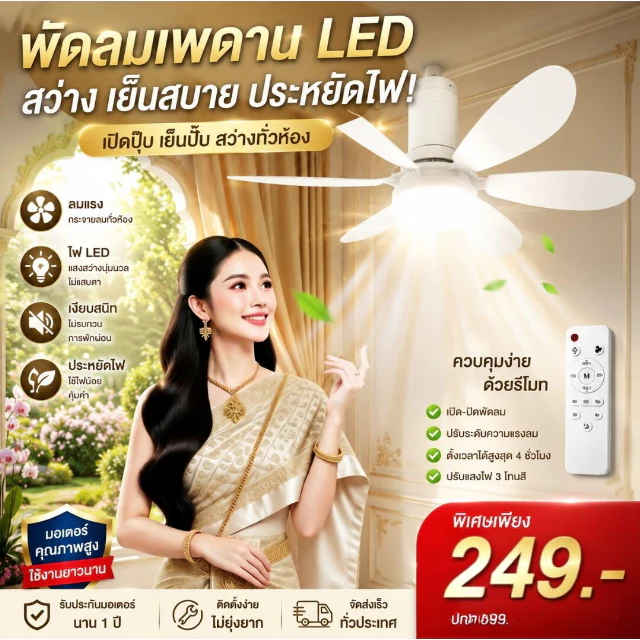 UFVCOV พัดลมเพดานโคมไฟ 2-in-1 ขั้วหลอด E27 มีรีโมท ความเงียบสงบ มีฟังก์ชั่นตั้งเวลาปิดโหมดสลีป