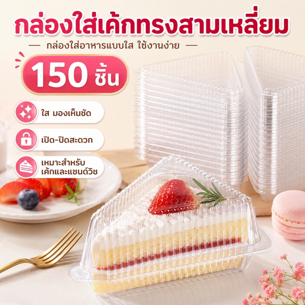 150 ชิ้น เค้กชิ้นภาชนะใสสามเหลี่ยม กล่องขนม ชุดกล่องเค้ก นํามาใช้ใหม่ กล่องบรรจุอาหาร สําหรับเค้ก