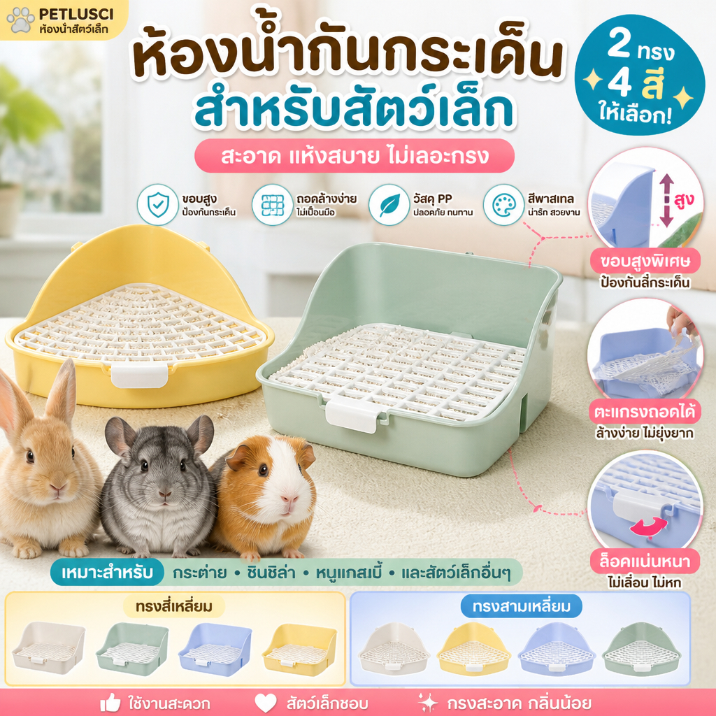 PETLUSCI ห้องน้ำกระต่าย 4สี ห้องน้ำสัตว์เลี้ยง ทรงสามเหลี่ยม สี่เหลี่ยม มีตะแกรง กันฉี่เลอะ พร้อมส่ง