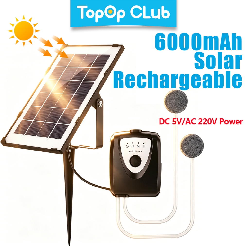 TOPOPCLUB ปั๊มออกซิเจนถังปลาชาร์จพลังงานแสงอาทิตย์ 6000mAh สีดํา DC 5V/AC 200V Power Outage ฉุกเฉินตกปลากลางแจ้งสระว่ายน้ํา