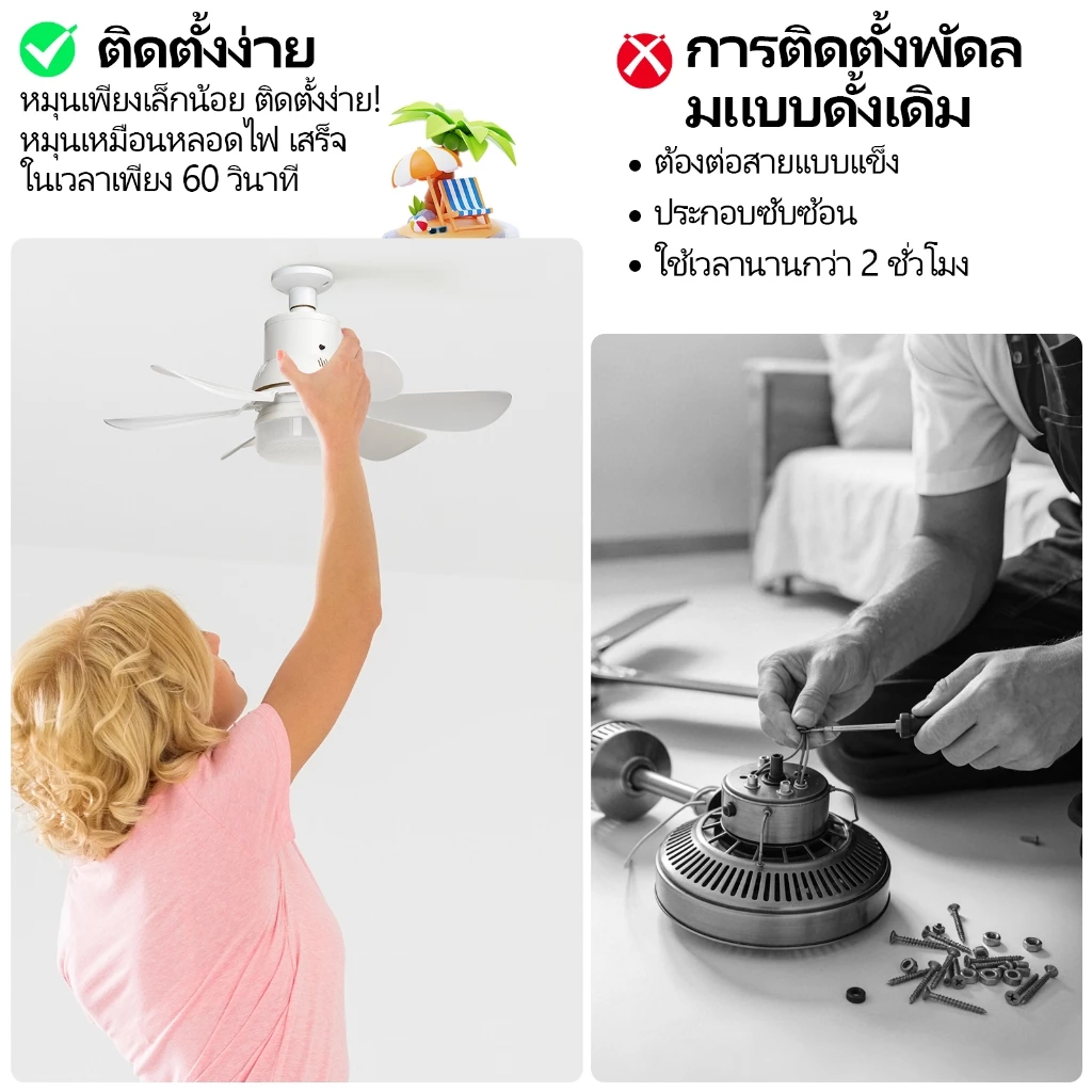 UFVCOV พัดลมเพดานโคมไฟ 2-in-1 ขั้วหลอด E27 มีรีโมท ความเงียบสงบ มีฟังก์ชั่นตั้งเวลาปิดโหมดสลีป thumbnail 5