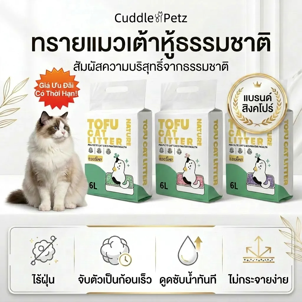 จัดส่งจากท้องถิ่น🚚ทรายแมวเต้าหู้ 6 ลิตร | จับก้อนเร็ว ห้องน้ําแมว กลิ่นหาย ส่วนผสมถั่วเหลืองธรรมชาติ 100% | ส่งฟรี