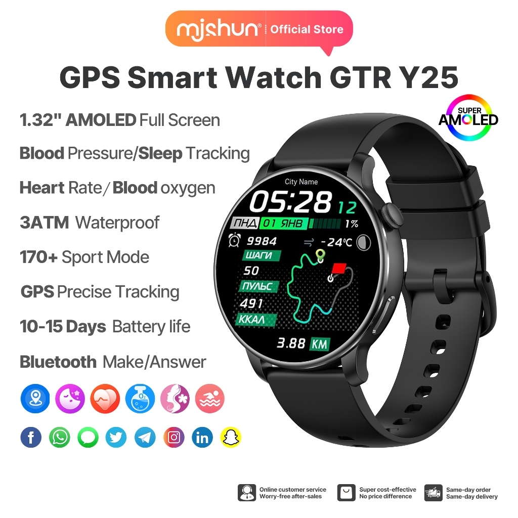 MJSHUN Y25 GPS สมาร์ทวอท์ชผู้หญิง 1.32" หน้าจอ AMOLED บลูทูธ Heart Rate Monitor ออกซิเจนในเลือด Slee