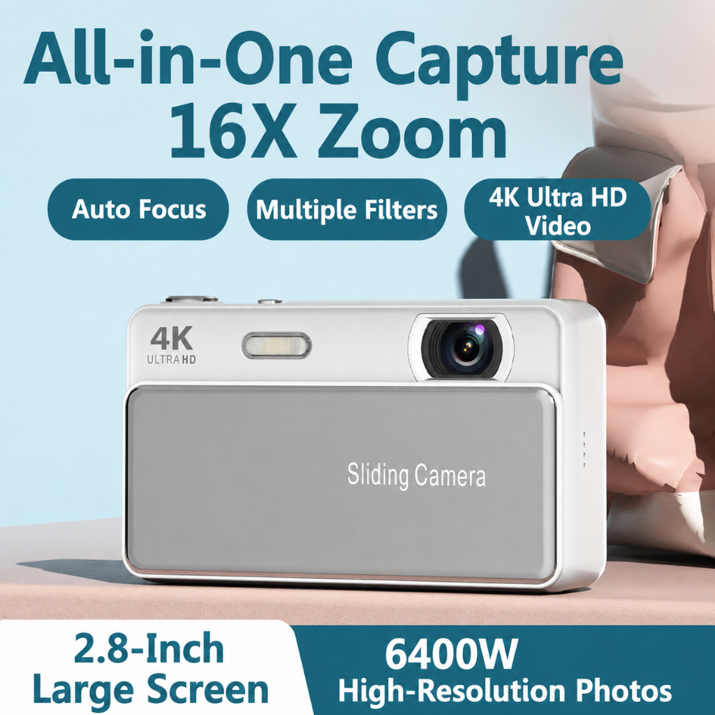 กล้องดิจิตอล 4K Ultra HD 64MP 16X ซูมโฟกัสอัตโนมัติกล้องสไลด์แบบพกพาในตัวแฟลช Travel Vlogging กล้องสําหรับเนื้อหา Creator