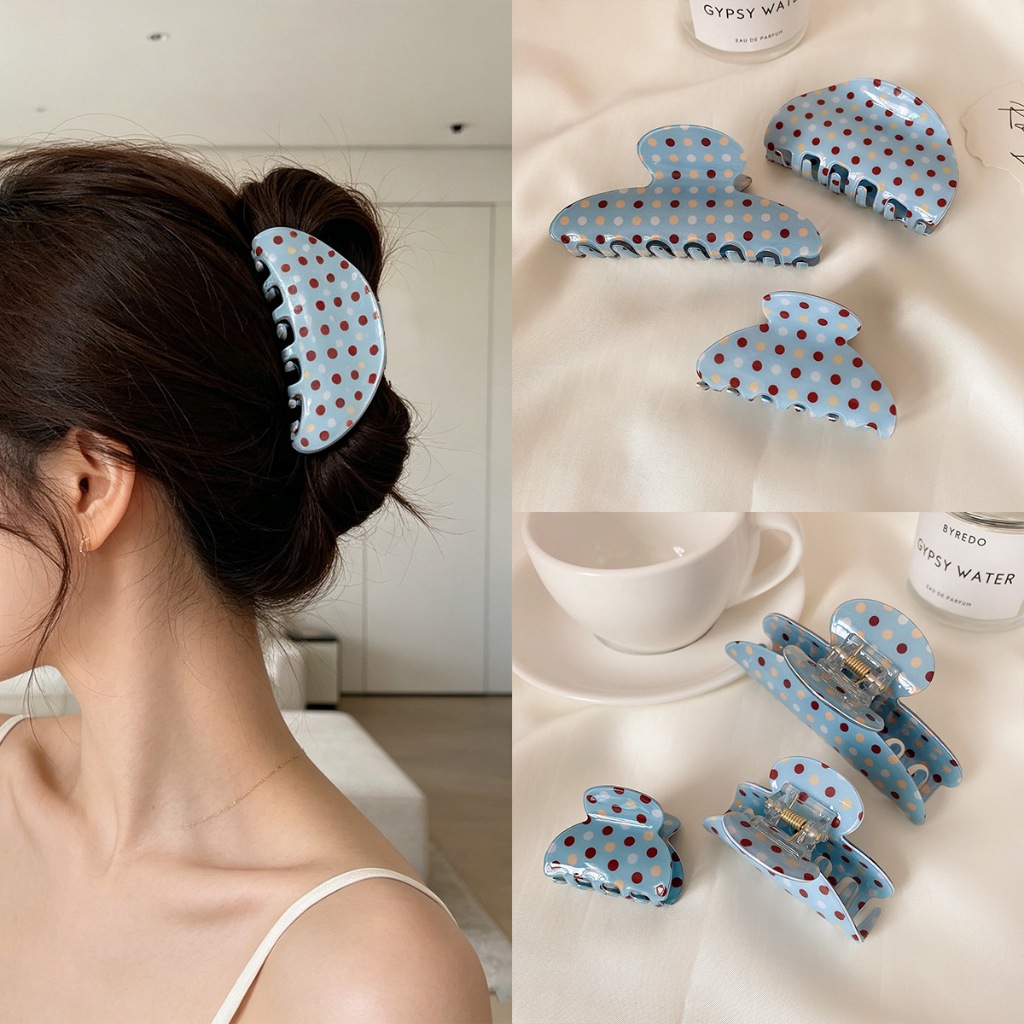 ฝรั่งเศสย้อนยุคนมสีฟ้ากิ๊บสไตล์หวานสีบล็อกลายจุดกิ๊บสําหรับสาวกลับหัวอะคริลิผมหนีบแฟชั่นอุปกรณ์ผม
