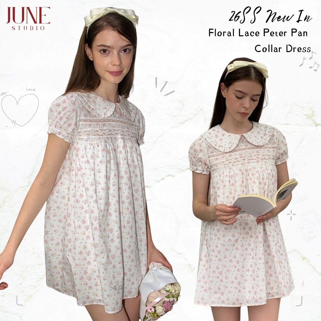 Retro ดอกไม้สีขาวตุ๊กตาลูกไม้เย็บชุดฤดูร้อนหลวม Slimmer ดู L260173[จูนสตูดิโอ]