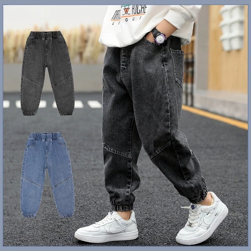 เอวยางยืดเด็ก Jogger กางเกงยีนส์ Stitch Splice Design หลวม Denim กางเกงชายสบายๆ Anti ยุงกางเกง 3-12Y