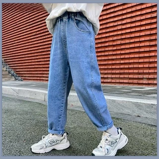 เอวยางยืดเด็ก Jogger กางเกงยีนส์ Stitch Splice Design หลวม Denim กางเกงชายสบายๆ Anti ยุงกางเกง 3-12Y