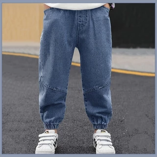 เอวยางยืดเด็ก Jogger กางเกงยีนส์ Stitch Splice Design หลวม Denim กางเกงชายสบายๆ Anti ยุงกางเกง 3-12Y