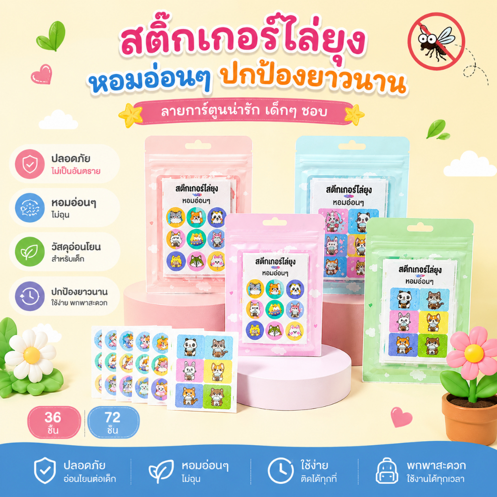 เด็กแรกเกิดใช้ได้ แผ่นติดกันยุง สารสกัดธรรมชาติ อ่อนโยน ไม่สัมผัสผิว กันน้ำ ป้องกันนานหลายชม.