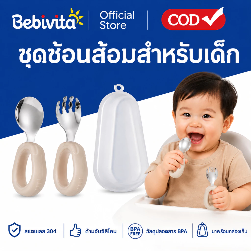 ช้อนส้อมฝึกกินเด็ก ซิลิโคน ด้ามจับกันลื่น BPA Free ชุดช้อนเด็กพร้อมกล่องพกพา