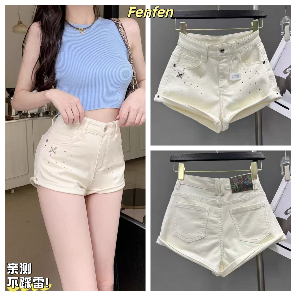 Off-White Design Hot Diamond Denim Shorts Womens Hip-Lifting Long Curling Edge Wide-Leg Hot Pants Summer