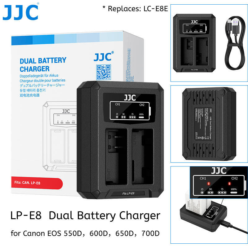 JJC Dual Battery Charger เปลี่ยน LC-E8E สําหรับ LP-E8 Canon EOS 550D 600D 650D 700D แบตเตอรี่กล้อง, 