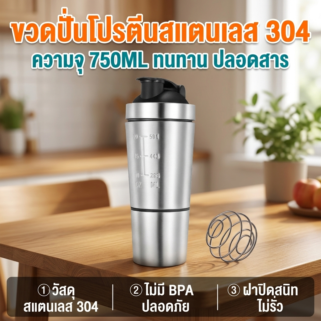 ขวดเชคเกอร์ 304สแตนเลส ถ้วยสุญญากาศ แก้วน้ำสแตนเลส ขวดกีฬาผสม เครื่องปั่นโปรตีน แบบพกพา 750ml
