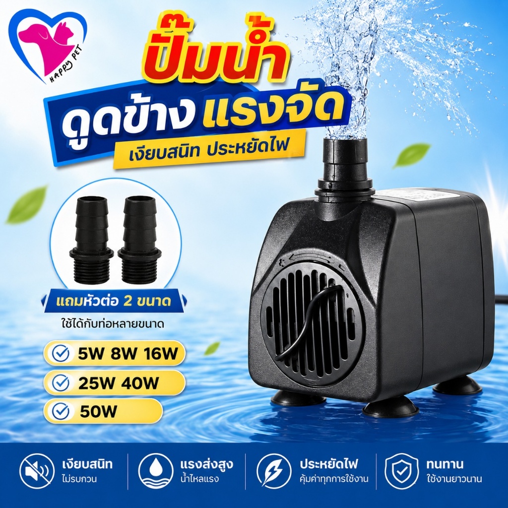 Happy Pet ปั๊มน้ำขนาดเล็ก（มีถ้วยดูด）ปั๊มน้ำตู้ปลา ปั๊มจุ่มบ่อปลา เหมาะสำหรับน้ำพุแมว ตู้ปลา บ่อปลา