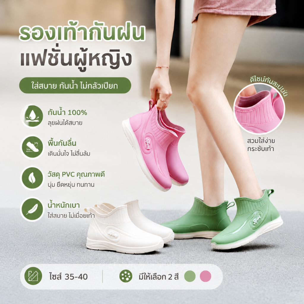 รองเท้ากันฝนผู้หญิงข้อสั้น กันน้ำ กันลื่น พื้นนุ่ม สำหรับงานครัวและใส่ทำงาน