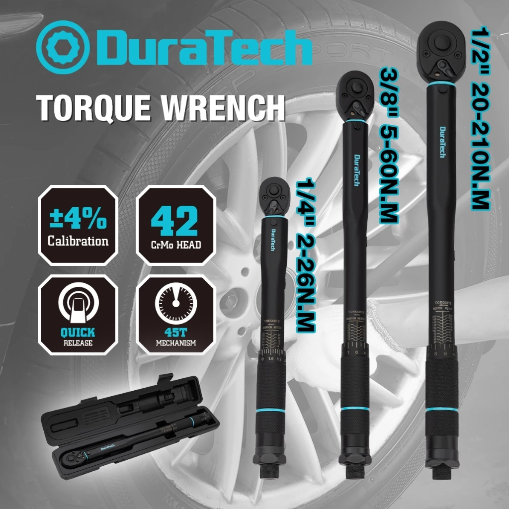 DURATECH ประแจแรงบิด พร้อมใบรับรองการสอบเทียบประแจแรงบิดชนิดคลิกไดรฟ์ 1/4 3/8 1/2 นิ้วปรับแรงบิดเครื่องมือยานยนต์เครื่องมือซ่อมจักรยานเครื 2-210 N.M Torque