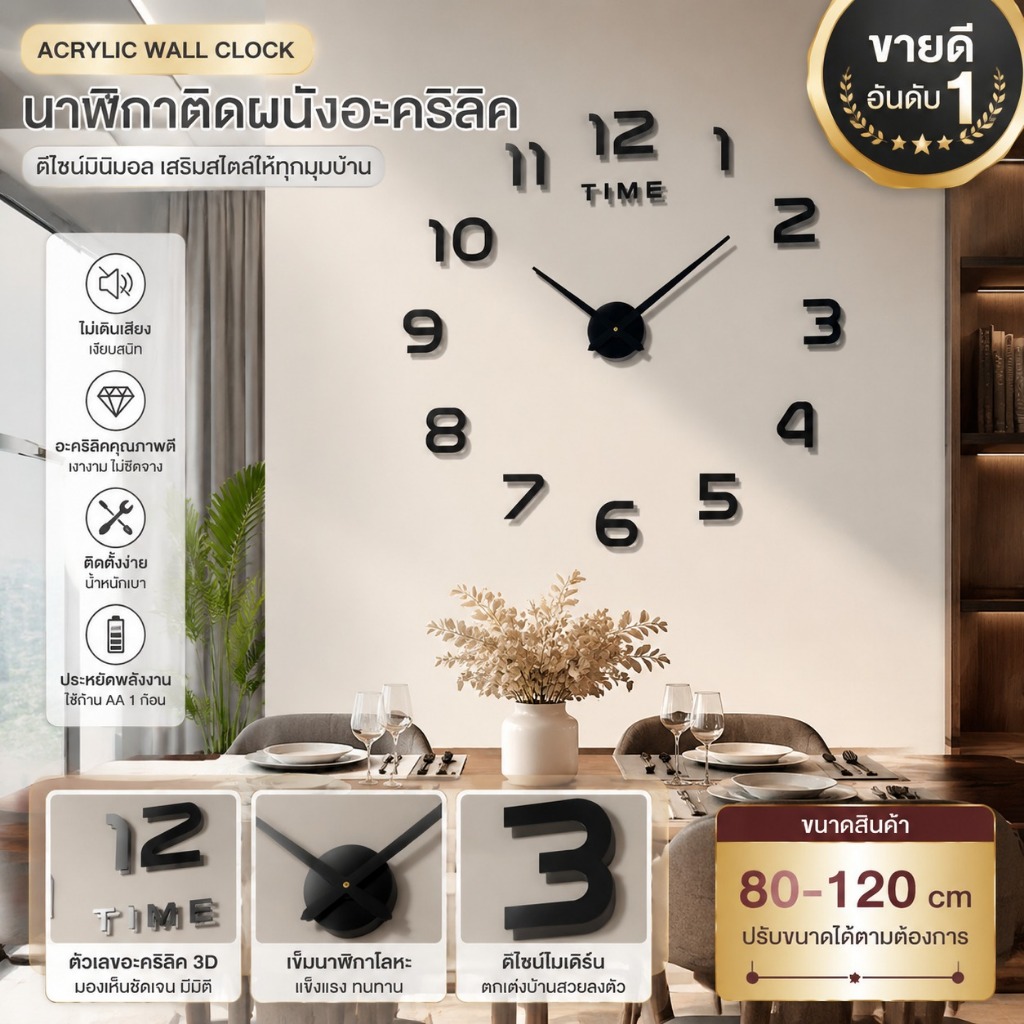 [Thevatipoem] นาฬิกาตกแต่งห้องนอนขนาดใหญ่ 2D นาฬิกาแขวนห้องนั่งเล่นสวนขนาดใหญ่กระจกอะคริลิสติกเกอร์ตกแต่งศิลปะนาฬิกาดิจิตอล HOT