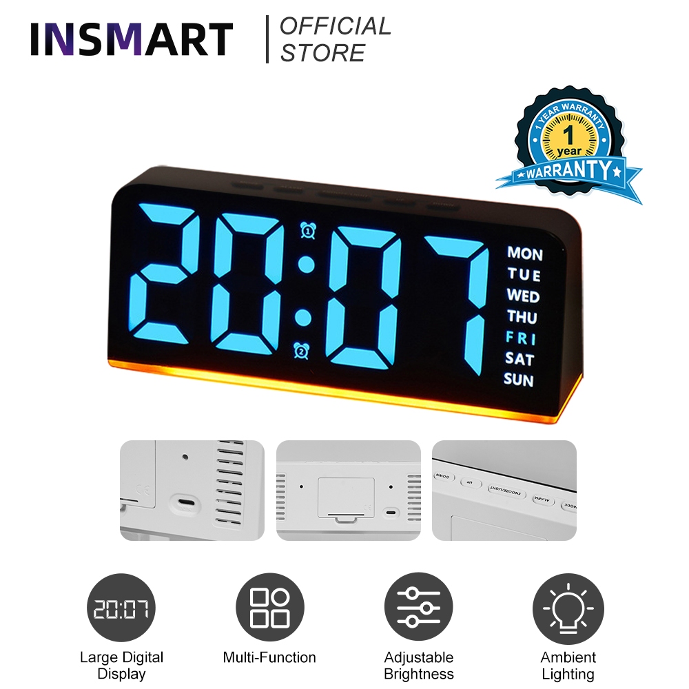 INSMART นาฬิกาดิจิตอล LED อเนกประสงค์ ตั้งปลุกได้ แสดงเวลา วันที่ อุณหภูมิ แสงโดยรอบ