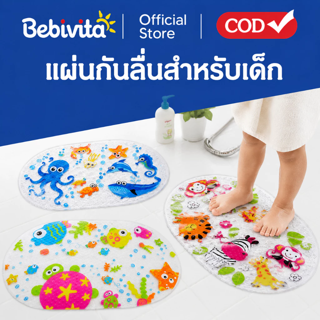แผ่นกันลื่นอาบน้ำเด็ก พรม PVC ถ้วยดูด ลายการ์ตูน กันลื่นในอ่างอาบน้ำเด็ก 38x70 ซม.