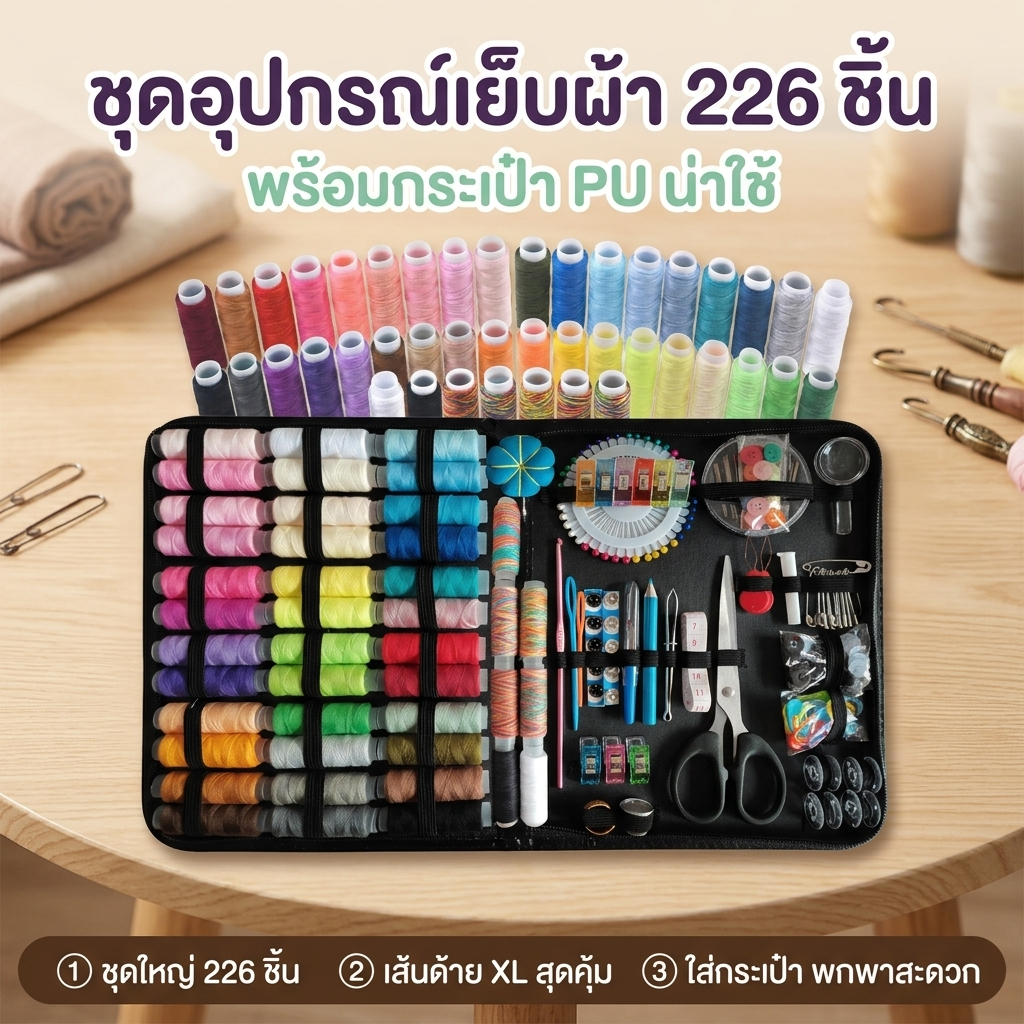 226ชิ้น ชุดเย็บผ้า DIY ด้ายเย็บผ้า รวมถึงที่สนกระดุม กรรไกร หมุด และไม้บรรทัด
