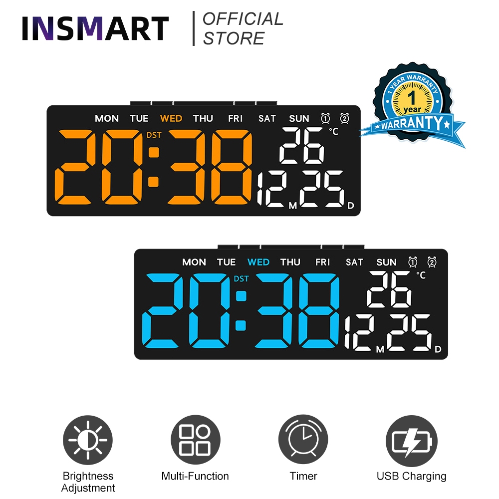INSMART นาฬิกาดิจิตอล LED นาฬิกาปลุก จอใหญ่ นาฬิกาLED ดิจิตอลวันที่ติดผนัง อุณหภูมิบ้าน ตกแต่งบ้าน