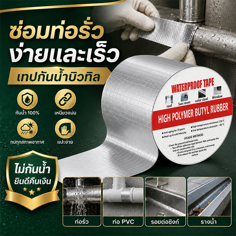 เทปกาวกันรั่ว เหมาะสําหรับการซ่อมแซมกันน้ําและรั่วซึมทั้งหมด100%  มีรุ่นต่างๆ จำหน่าย เทปติดหลังคากันรั่ว