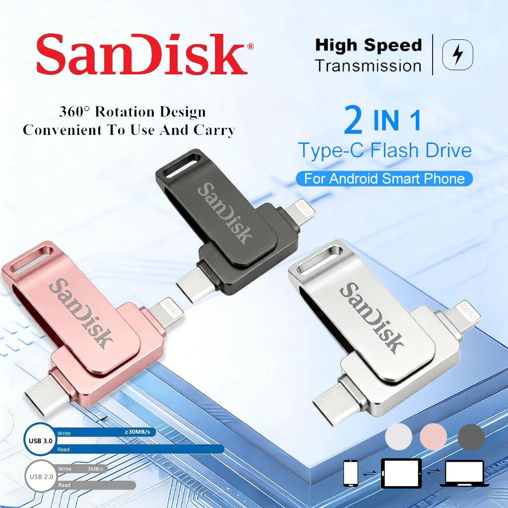 【รับประกัน 5 ปี】2 in 1 แฟลชไดรฟ์ Usb 2TB Usb Flash Drive 1TB 2TB Otg Pendrive สําหรับ Storage Pendrive USB 3.2 OTG i/o/s flashdisk Pendrive สําหรับ iPhone อุปกรณ์จัดเก็บข้อมูลภายนอก flashdrive