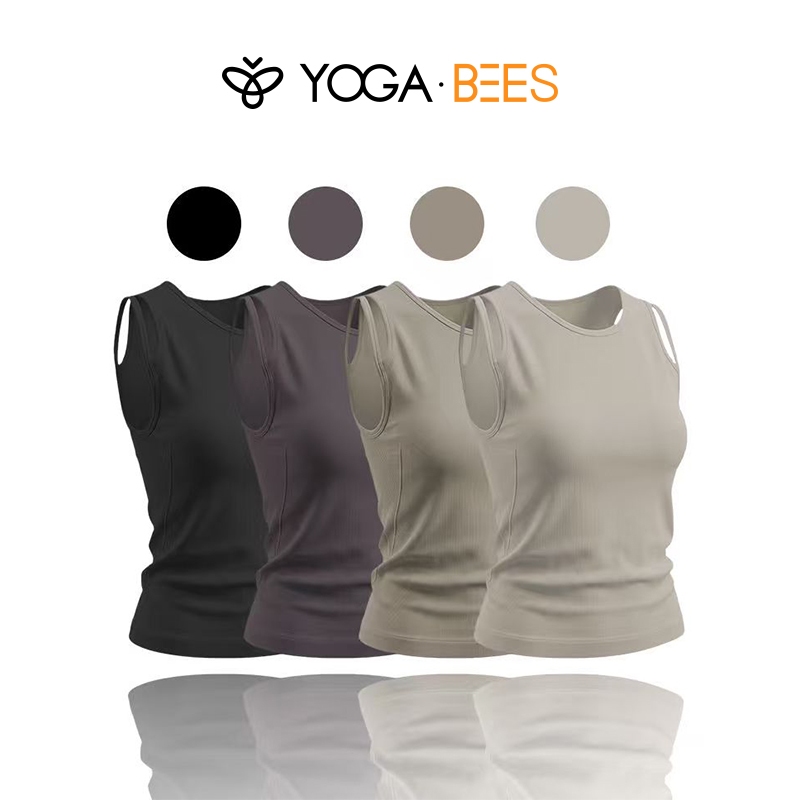 โยคะ BEES Ribbed ลูกเรือคอกว้างสายคล้องคอผู้หญิง Slim Fit ยืด Breathable โยคะวิ่งยิมออกกําลังกาย Layering เสื้อกั๊กลําลอง 4 สี Neutral