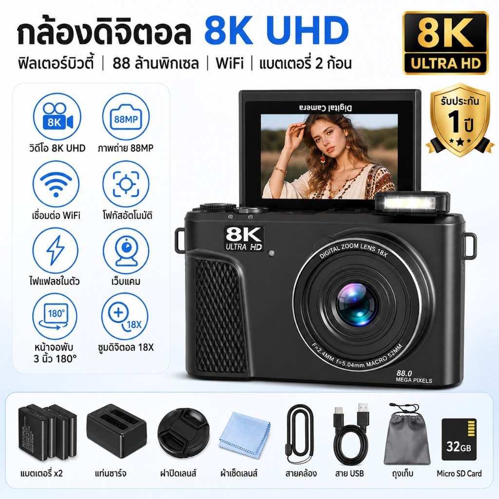【เลนส์ฟรี + ขาตั้งกล้อง】8K กล้องดิจิตอล 88MP พร้อม Wi-Fi, ซูม 18 เท่า หน้าจอพลิกได้ 180 องศา ไฟแฟลชในตัว เหมาะสำหรับเป็นของขวัญวันเกิด ท่องเที่ยว ถ่ายทอดสด และทำ Vlog