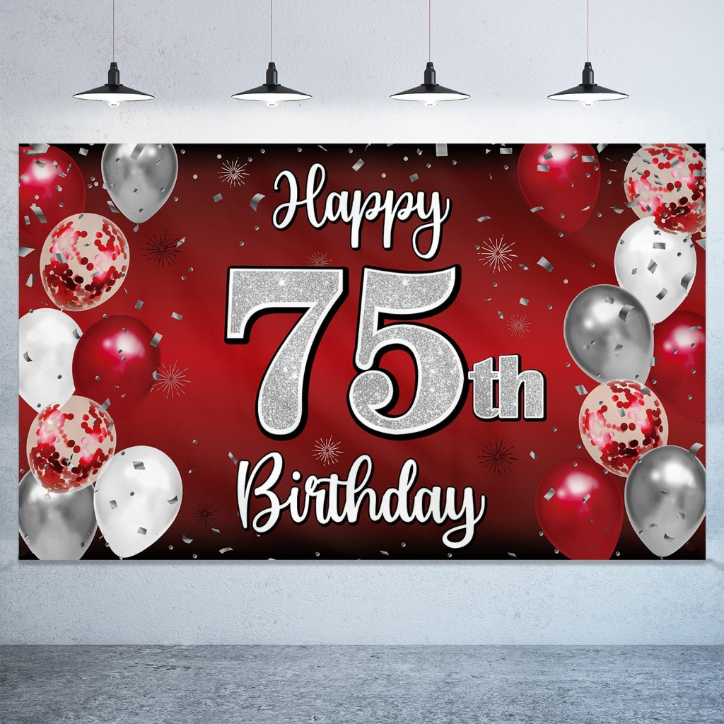 Happy 75th Birthday Party แบนเนอร์ฉากหลัง 75th สีแดงเงินบอลลูนวันเกิดแบนเนอร์ฉากหลัง Cheers ถึง 75 ป