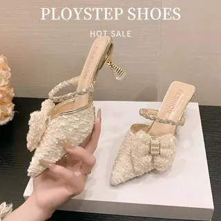 รองเท้าส้นสูงสุภาพสตรีรองเท้าแตะนิ้วเท้าชี้โบว์หวานผ้าถักกริชสไตล์ฝรั่งเศสเพิ่มความสูงสบายง่าย