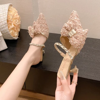 รองเท้าส้นสูงสุภาพสตรีรองเท้าแตะนิ้วเท้าชี้โบว์หวานผ้าถักกริชสไตล์ฝรั่งเศสเพิ่มความสูงสบายง่าย