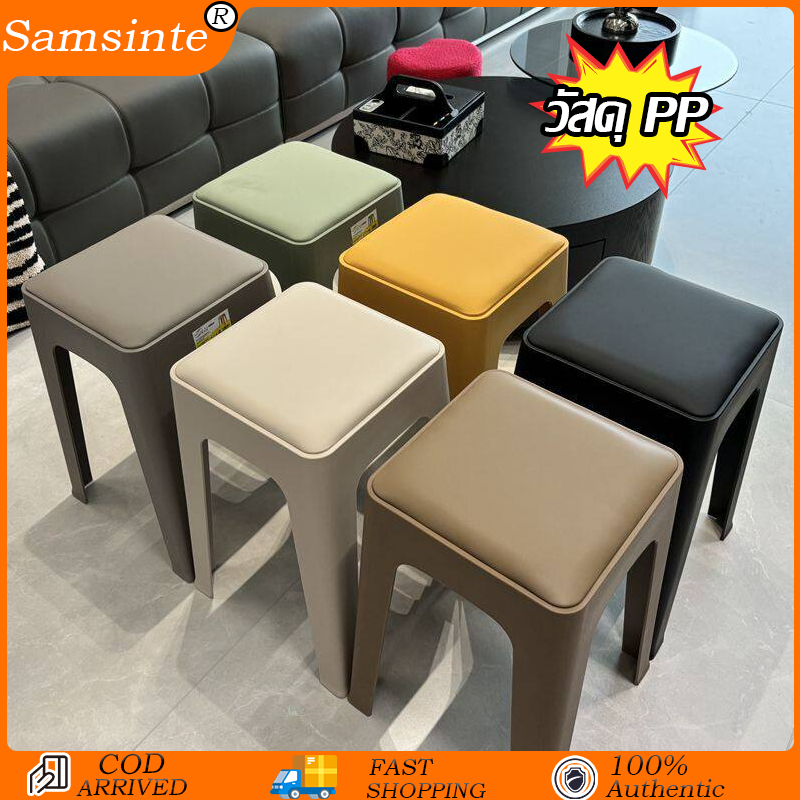 สตูลพลาสติกสําหรับใช้ในครัวเรือนสตูลสี่เหลี่ยมหนาและวางซ้อนกันได้ทันสมัยเรียบง่ายแข็งแรงทนทานเก้าอี้สตูลโต๊ะอาหารสํารอง